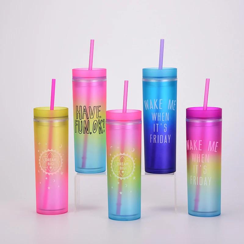 16oz Gradient Rainbow Skinny Tumbler din plastic Sticle de apă Cupă dreaptă, cu două straturi, Curcubeu, cu paie