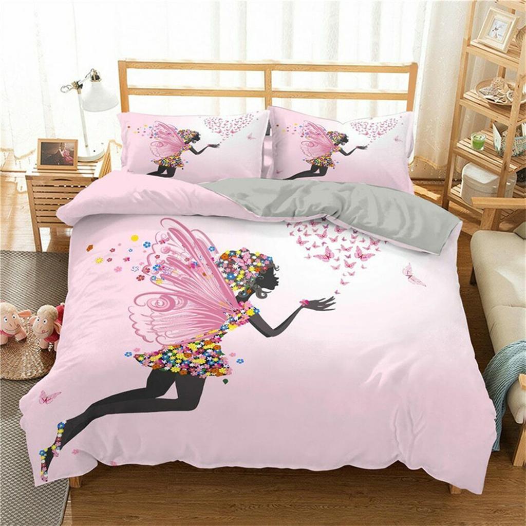 Cartoon Girly Butterfly Duvet Cover Lovely Pink Flower Fairy with Wings Romantic for Children Women Gifts for Bedroom Decoration