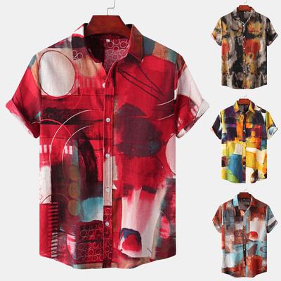 Men's Summer Casual Colorblock Printed Short Sleeve Top Comfortable Lapel Short Sleeve Shirt