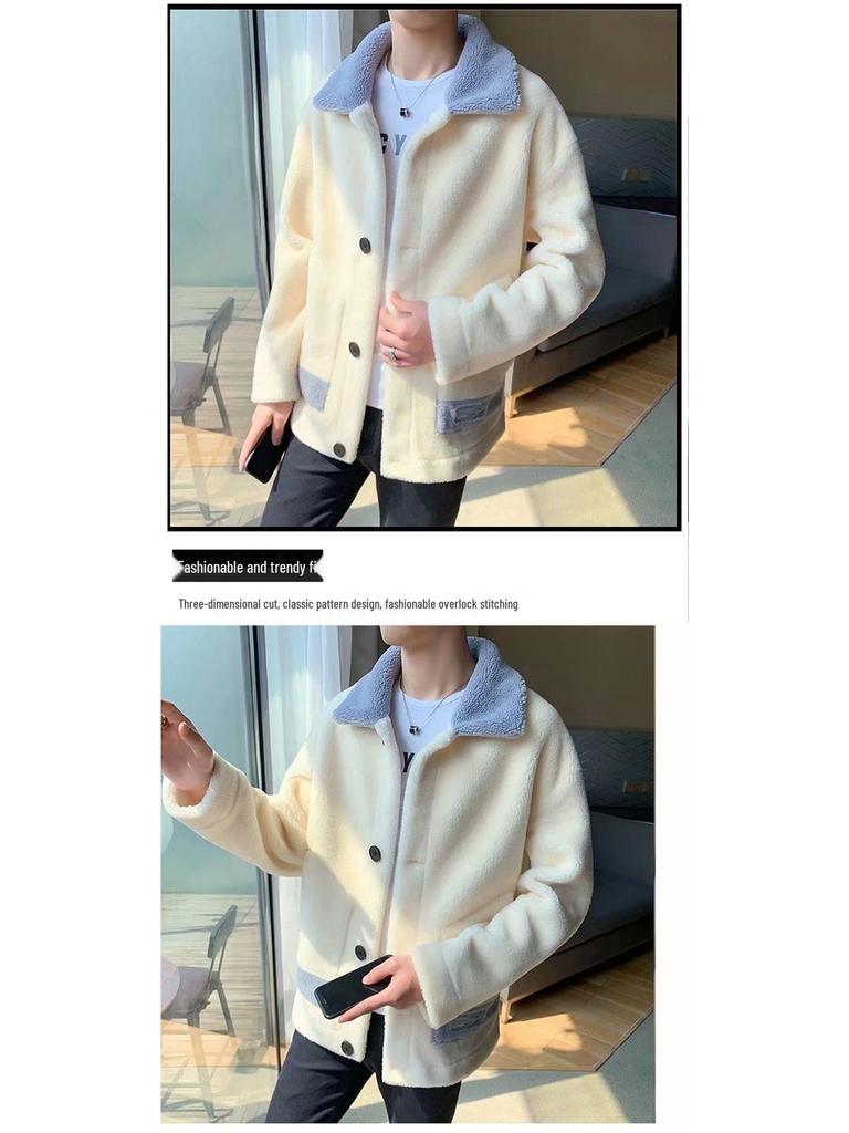 Men's Trendy Winter Wool Jacket with Lapel Collar, Thick Warm Polar Fleece, and Cotton Coat for Teens.