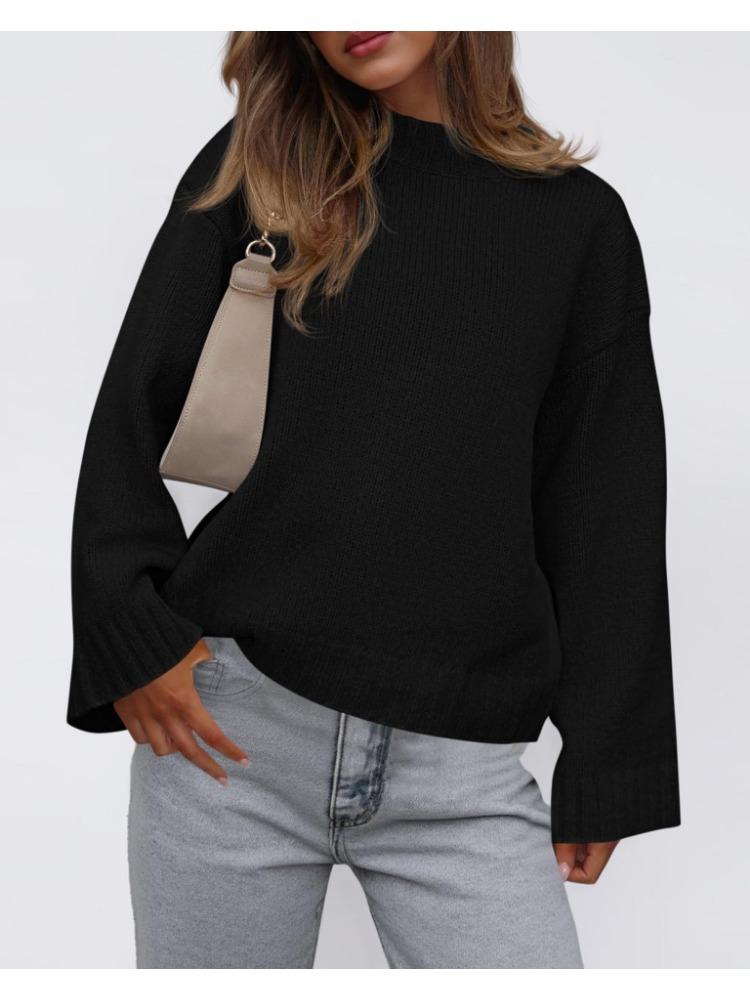 

Осень Зима Повседневный Свитер Вязаный с Круглым Вырезом Свободного Кроя Однотонный с Длинными Рукавами-Колокольчиками для Женщин Роскошный Топ с Расслабленной Посадкой, Стройнящий и Универсальный 2XL