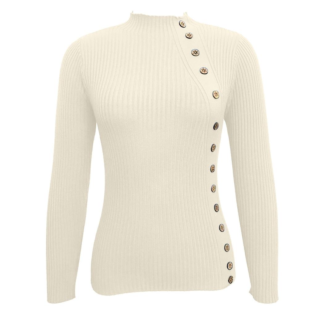 Women's Casual Solid Color Slim Button Knit Sweater Long Sleeved Base Sweater Sweater