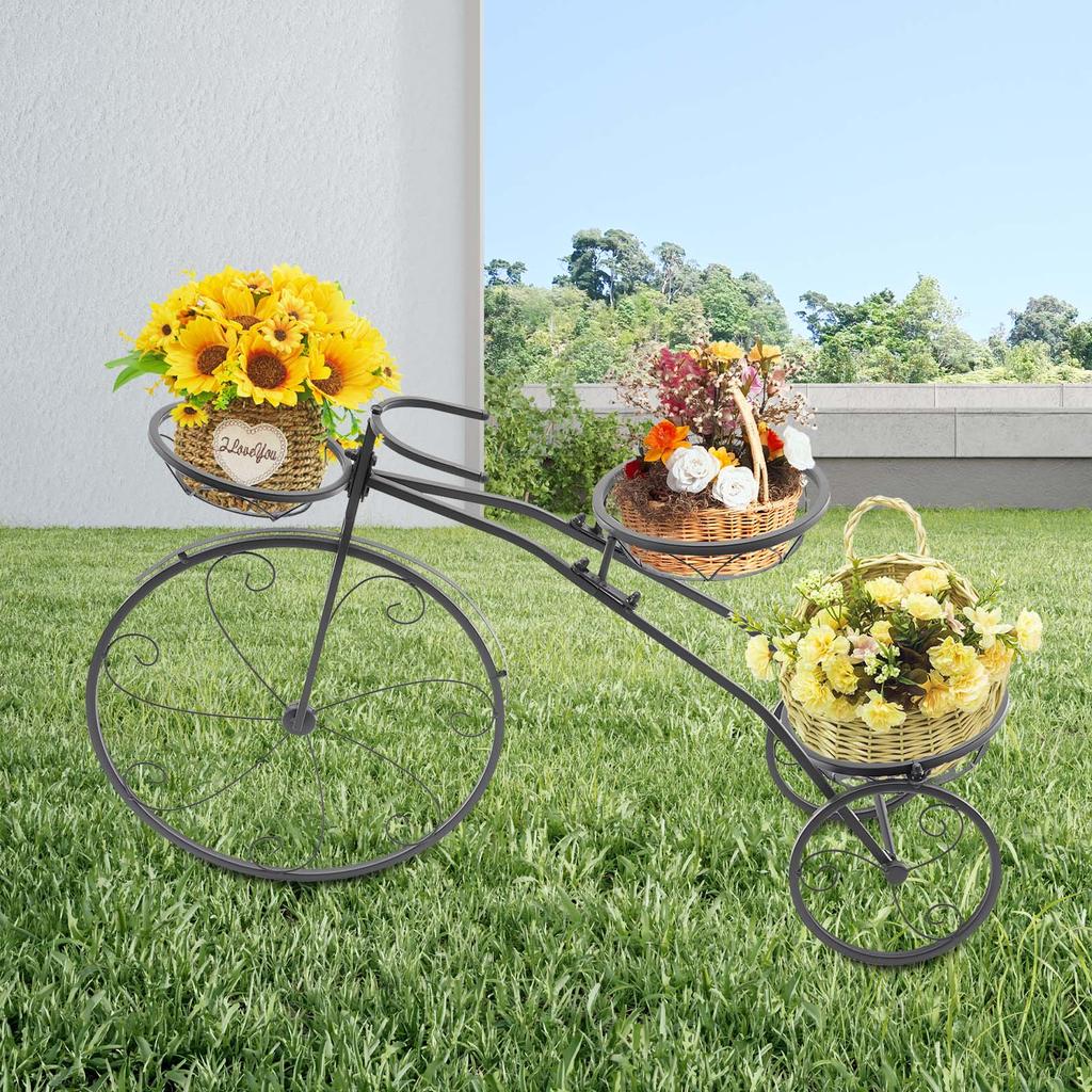 Modern 3-Tier Flower Stand, Black Plant Corner Shelf with 3 Hanging Baskets, Freestanding Plant Holder for Indoor Outdoor Decor