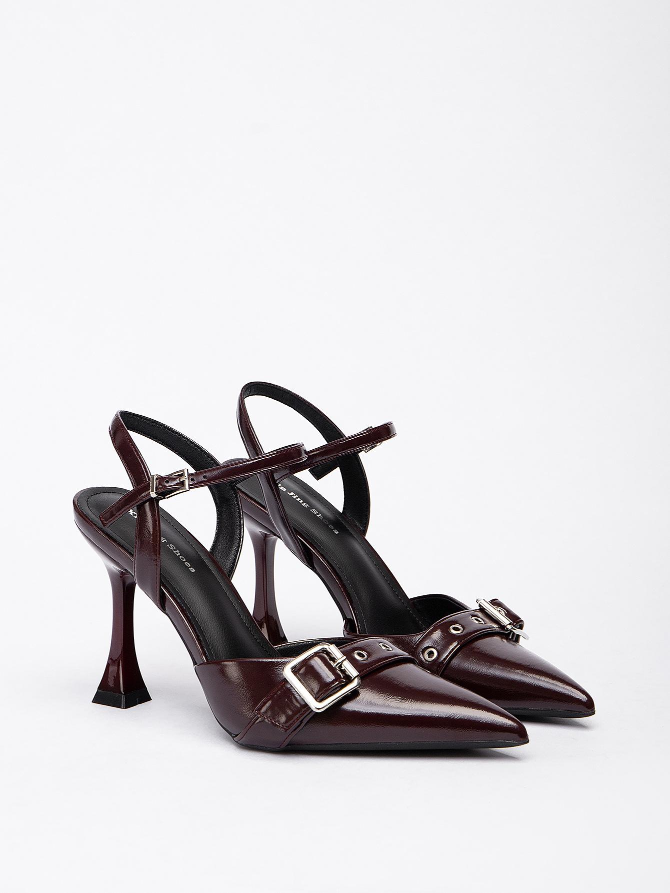 

7199-3 Belt buckle bag head single shoes women s new spring and autumn outer wear one word with thin heel pointed single shoes women s shoes 40 бордовый