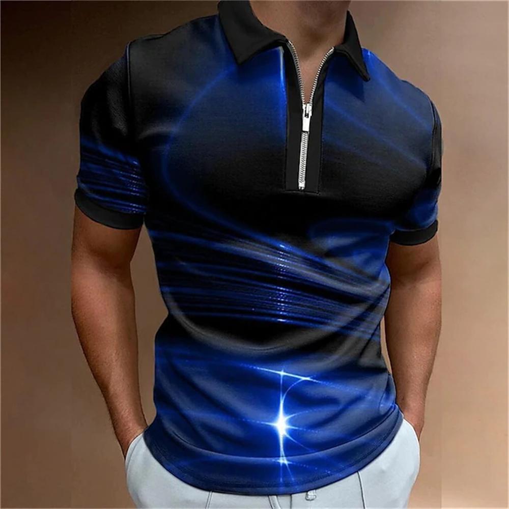 Men's fashion, casual collar and zipper bar, staircase printed golf clothing, short sleeved T-shirt
