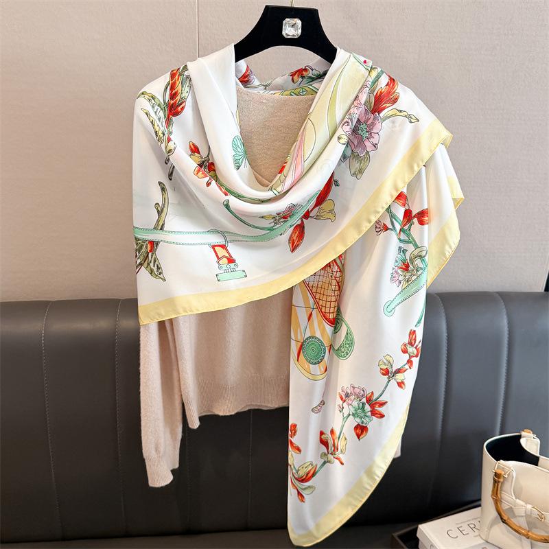 Saddle Flower Simulation Silk Premium 111cm Large Square Scarf Silk Scarf Printed Shawl Sunscreen Scarf Headscarf Scarf