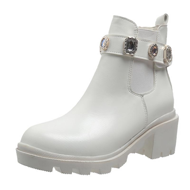 Autumn and Winter New Plus Size 35-43 Thick Heel Rhinestone Short Boots for Women Round Toe Low Cut Women's Boots