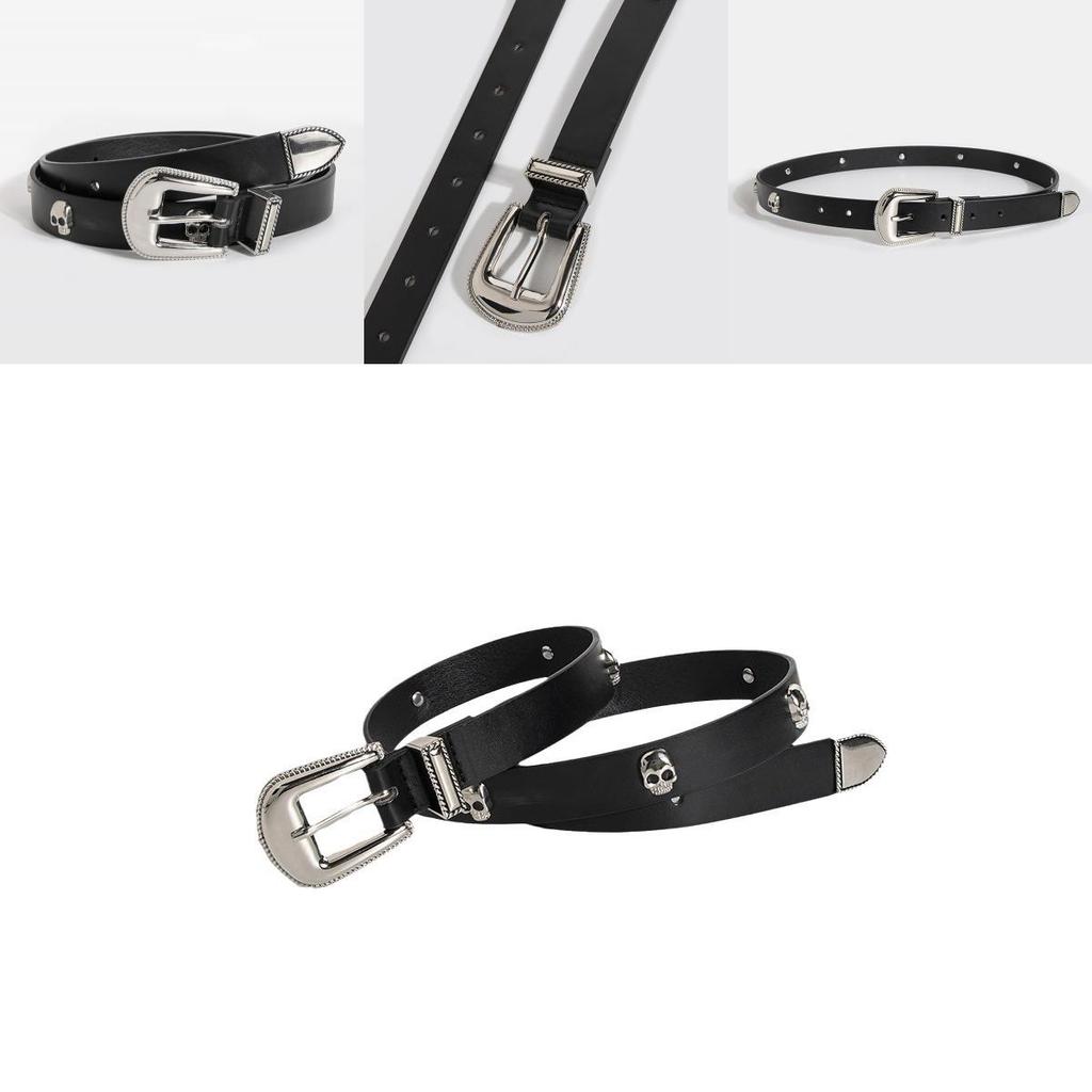 Y2k Womens Punk Leather Belt With Skull Decor And Metal Buckle For Casual Wear