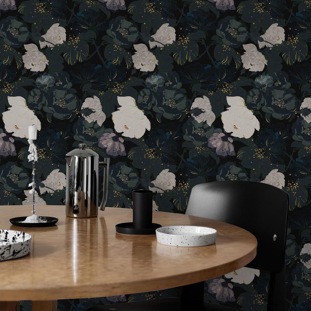 Dark Black Peel And Stick Floral Wallpaper Traditional Festival Vinyl Wall Decor White Flower Self Adhesive Cabinet Sticker