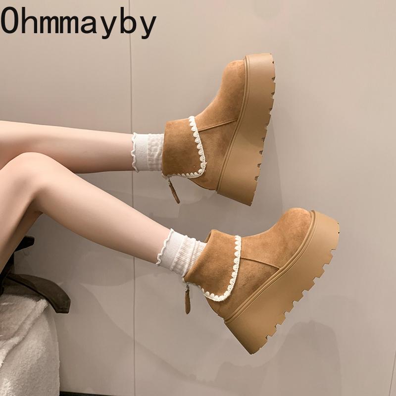 Vinter Chunky Platform Hæler Dame Snøstøvler Hold Varmen Høydeøkning Varm Bomull Korte Ankelstøvletter Sko Mujer