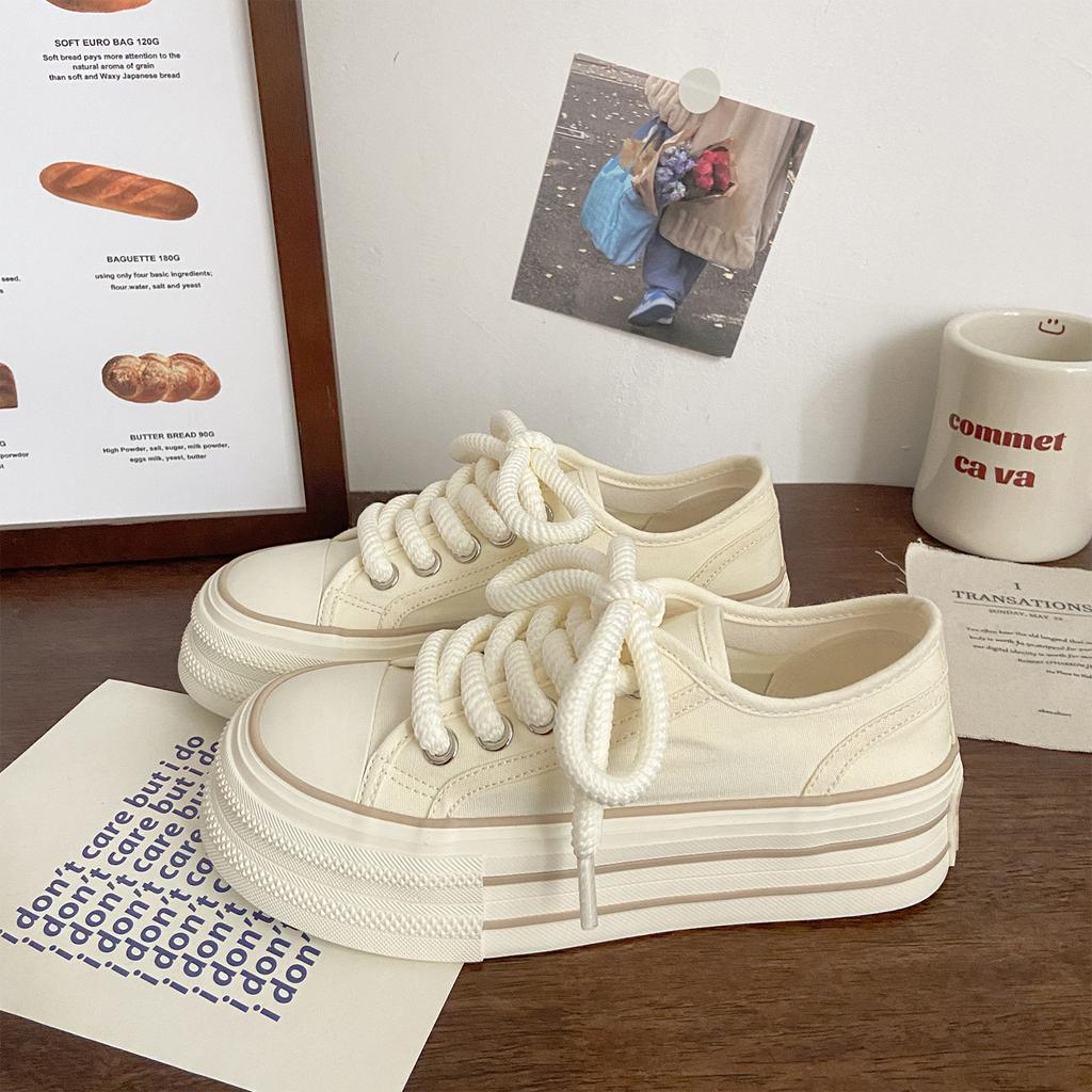 Cream platform canvas shoes women's thin summer new trendy niche big head muffin student white shoes