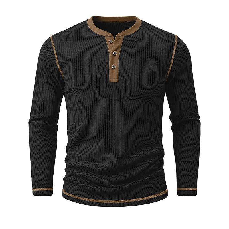 Men's Henry Neck Knit Long Sleeve T-Shirts Color Block Ribbed Casual Slim Fit Pullover Tops Autumn Winter Thermal Undershirts Men