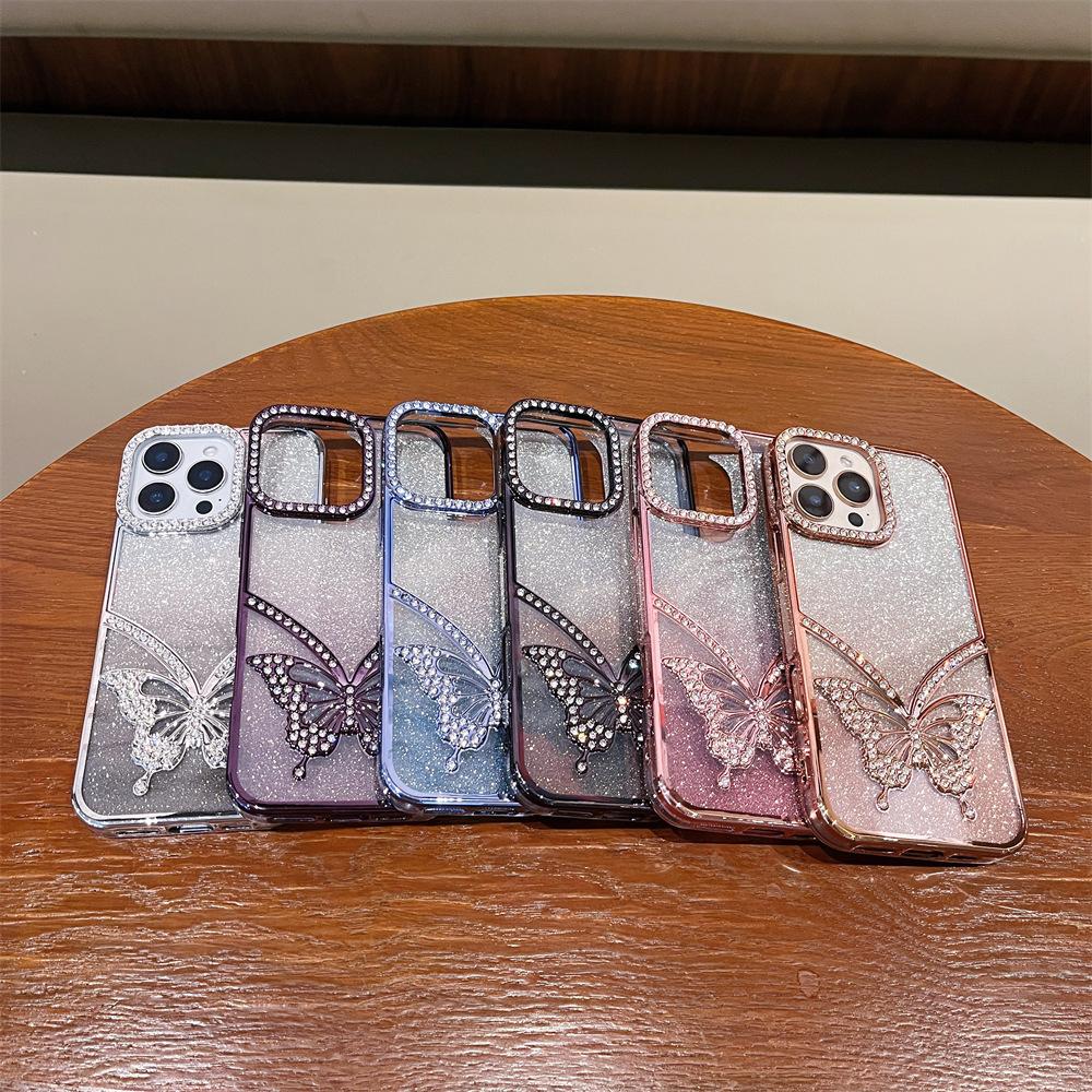 Electroplated Butterfly Is Suitable for iPhone16Promax Mobile Phone Case with Diamond Feeling Apple 15 Anti-drop Protective Case 13.