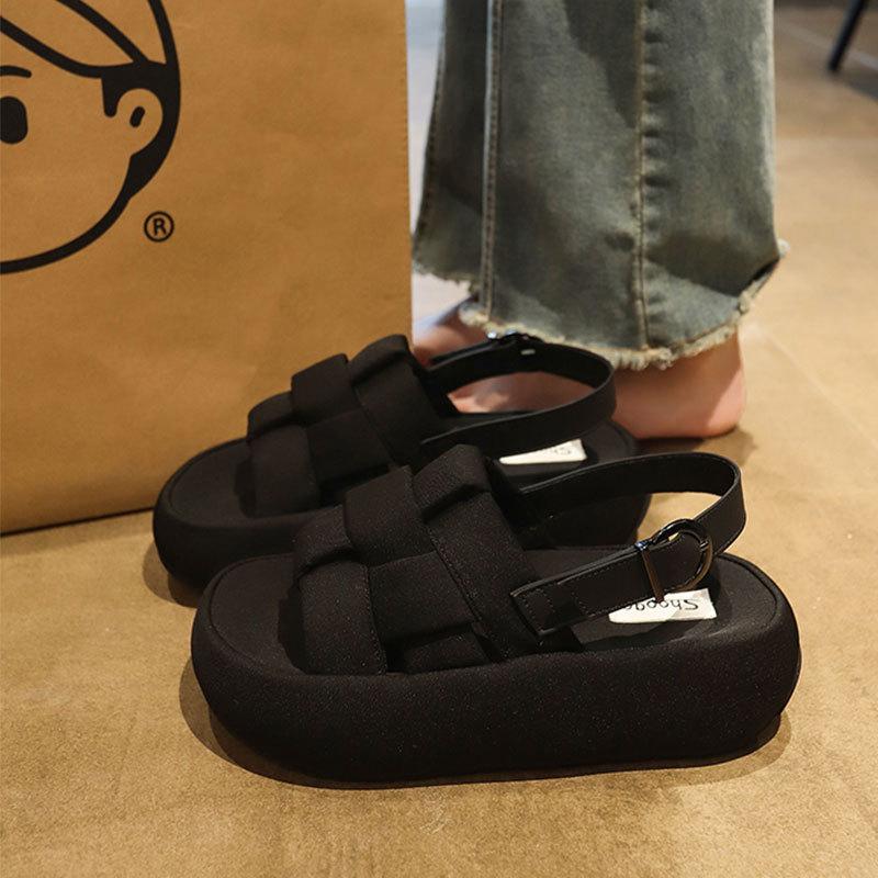 Internet celebrity platform woven sandals women wear 2025 new summer versatile skirt beach roman shoes ins