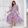 Women Summer Dress Casual A-Line Floral Print High Waist V-Neck Short Bubble Sleeve Ankle-Length Straps Slit Spring