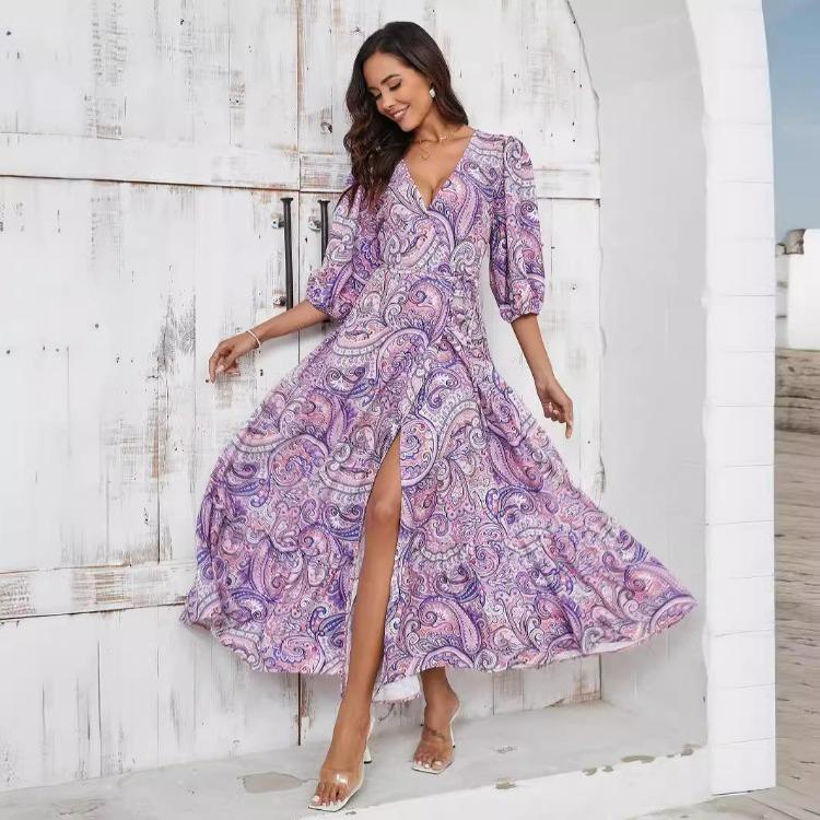 Women Summer Dress Casual A-Line Floral Print High Waist V-Neck Short Bubble Sleeve Ankle-Length Straps Slit Spring