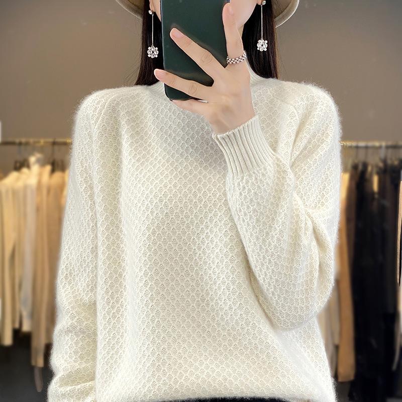 

Осенне-зимний кардиган женский с полувысоким воротником и сотовым узором свободный пуловер вязаный свитер с длинными рукавами нижняя рубашка S белый