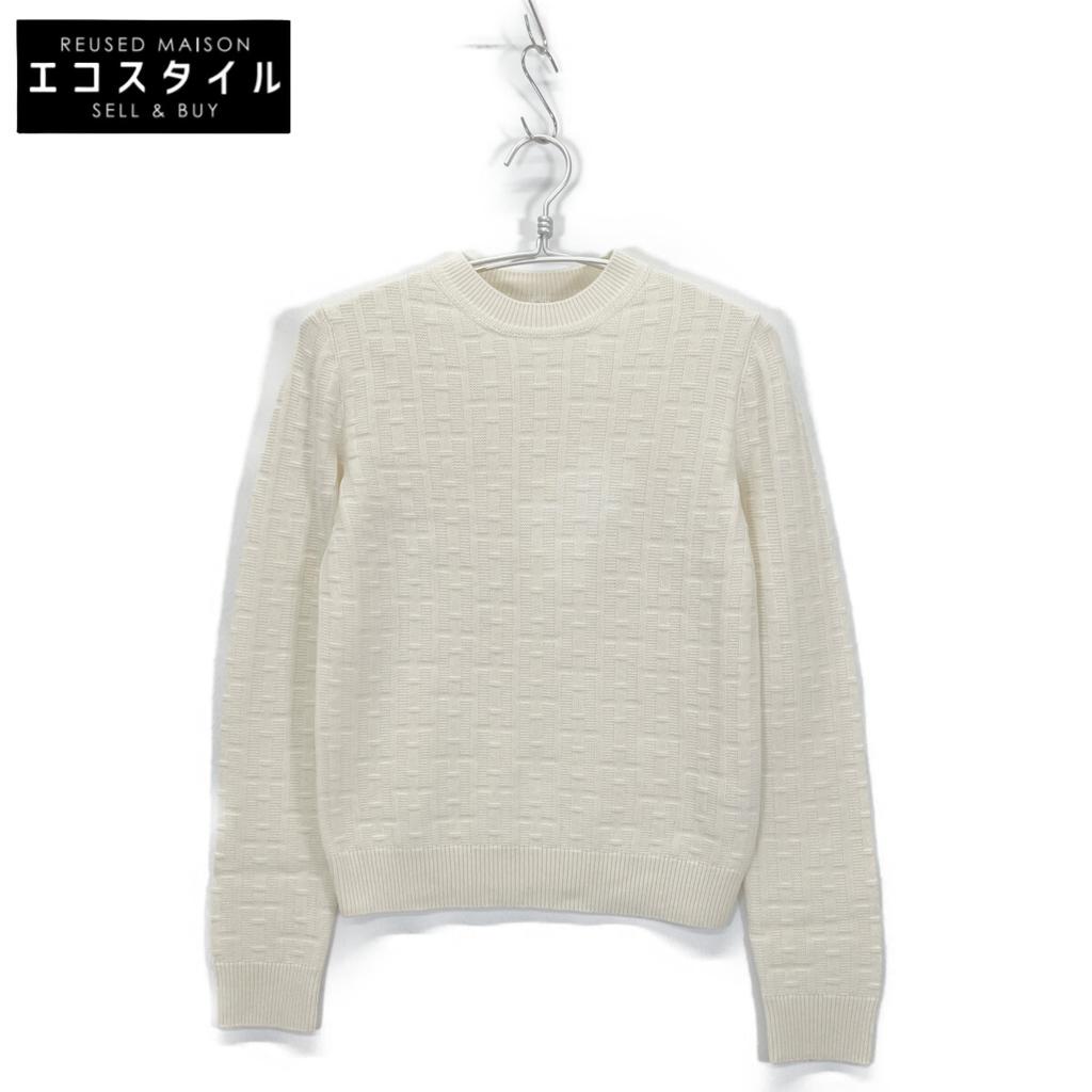 HERMES 23 Stainless Steel Ivory Wool H-Jacquard Crew Neck Long Sleeve Knit Pullover tops 36 IvoryUsed