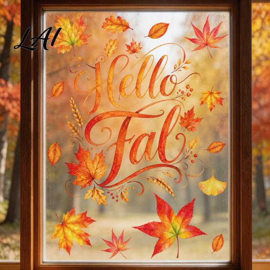 Thanksgiving Home Decor 6 Sheets Autumn Harvest Static Window Stickers Maple Leaves Scarecrows Bicycle Owl Transparent PVC Decals Decals Reusable