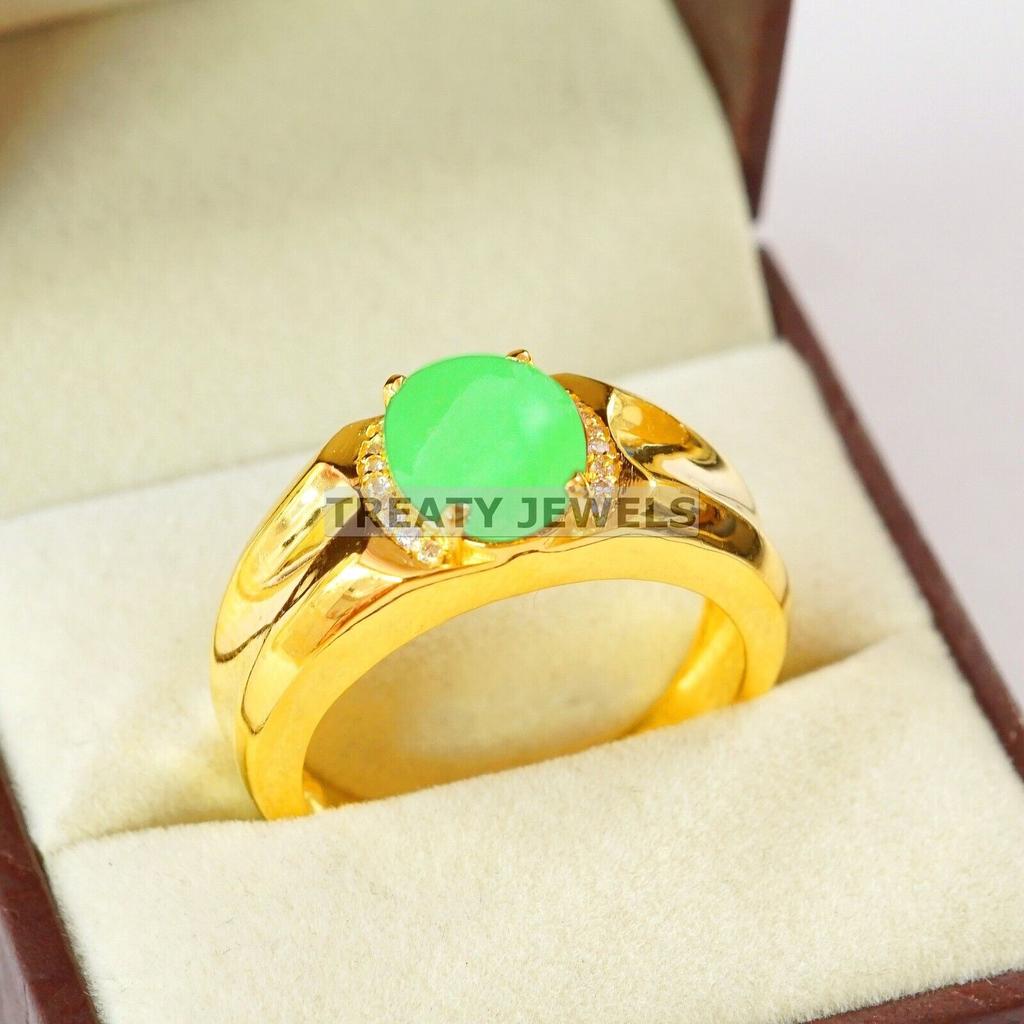Jade Oval geschliffen Mit 925er Sterlingsilber Vergoldeter Ring Für Herren #B139 JL375671575121