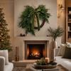 60cm Artificial Christmas Wreath with Pine and Cedar Branches Velvet Bow and Metal Bell Star Hanging Decoration for Door Wall Indoor Use