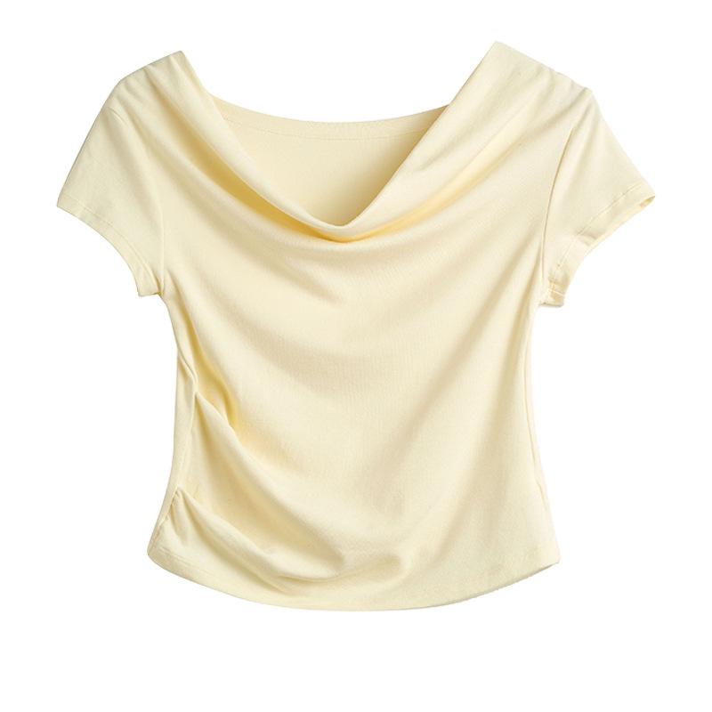 Spring and Summer Solid Color One-word Shoulder Short-sleeved T-shirt Short-sleeved Women's Design Sense Slim and Thin Stacked Scarf Collar Top
