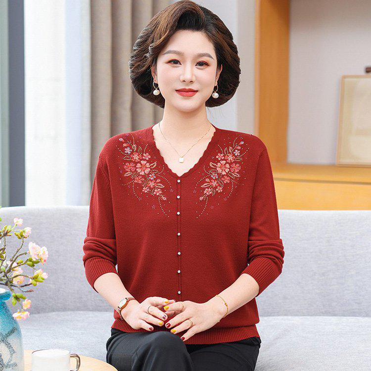 V-Neck Embroidered Knit Cardigan for Mature Women - Spring/Autumn Mother's Top