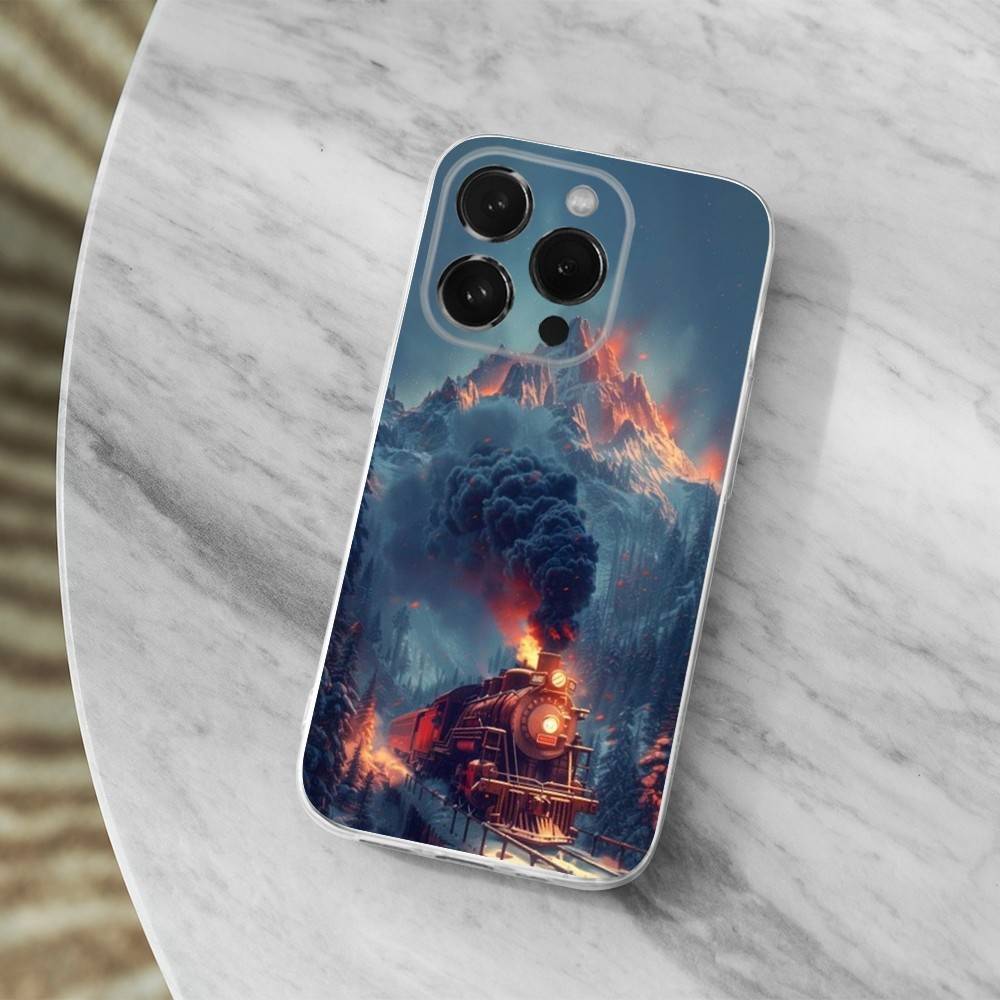 Cool Art Steam Train Phone Case For iPhone,14,13,XR,SE,12,15,Pro,Max,Plus,11,17,16,X,XS,Mini Transparent Soft Cover