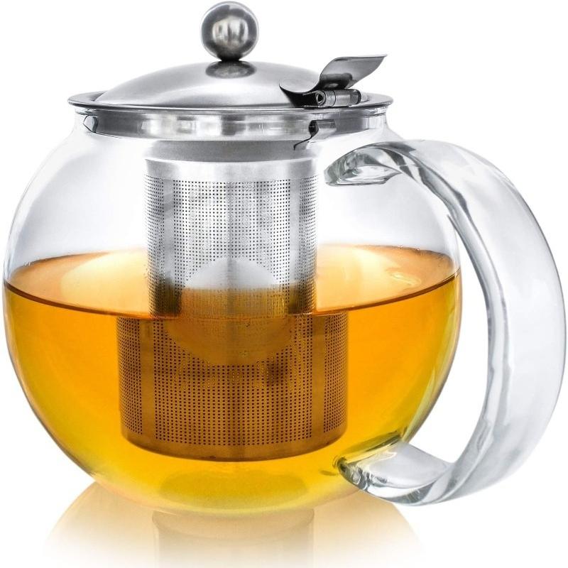 Stovetop Safe Glass Teapot with Removable Infuser (40oz/1200ml) and Four Double Walled Glass Cups (5oz/150ml) - Classica Tea Set