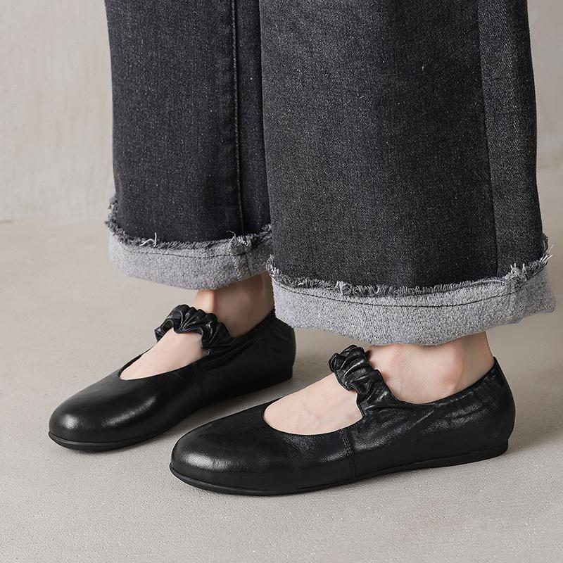 Fashion 2025 New Spring Women Flats Round Toe Women Shoes Fashion Flat Heels Mary Janes Ladies Shoes Genuine Leather Retro Brown Shoes