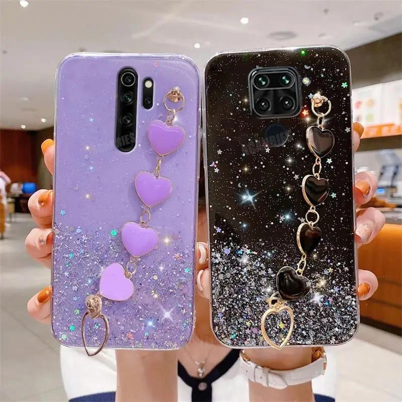 

Note8pro Блестящий чехол с цепочкой на запястье Love Heart для Xiaomi Redmi Note 8 Pro 8pro 9 9s 8t 7 Redmi9, силиконовый чехол для браслета Note9