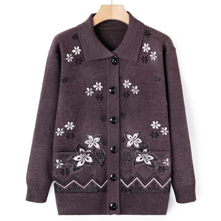 Old Lady Autumn Clothes Lapel Sweater Female Elderly Mother Sweater Jacket Autumn Clothes Mother-in-law Knitted Cardigan