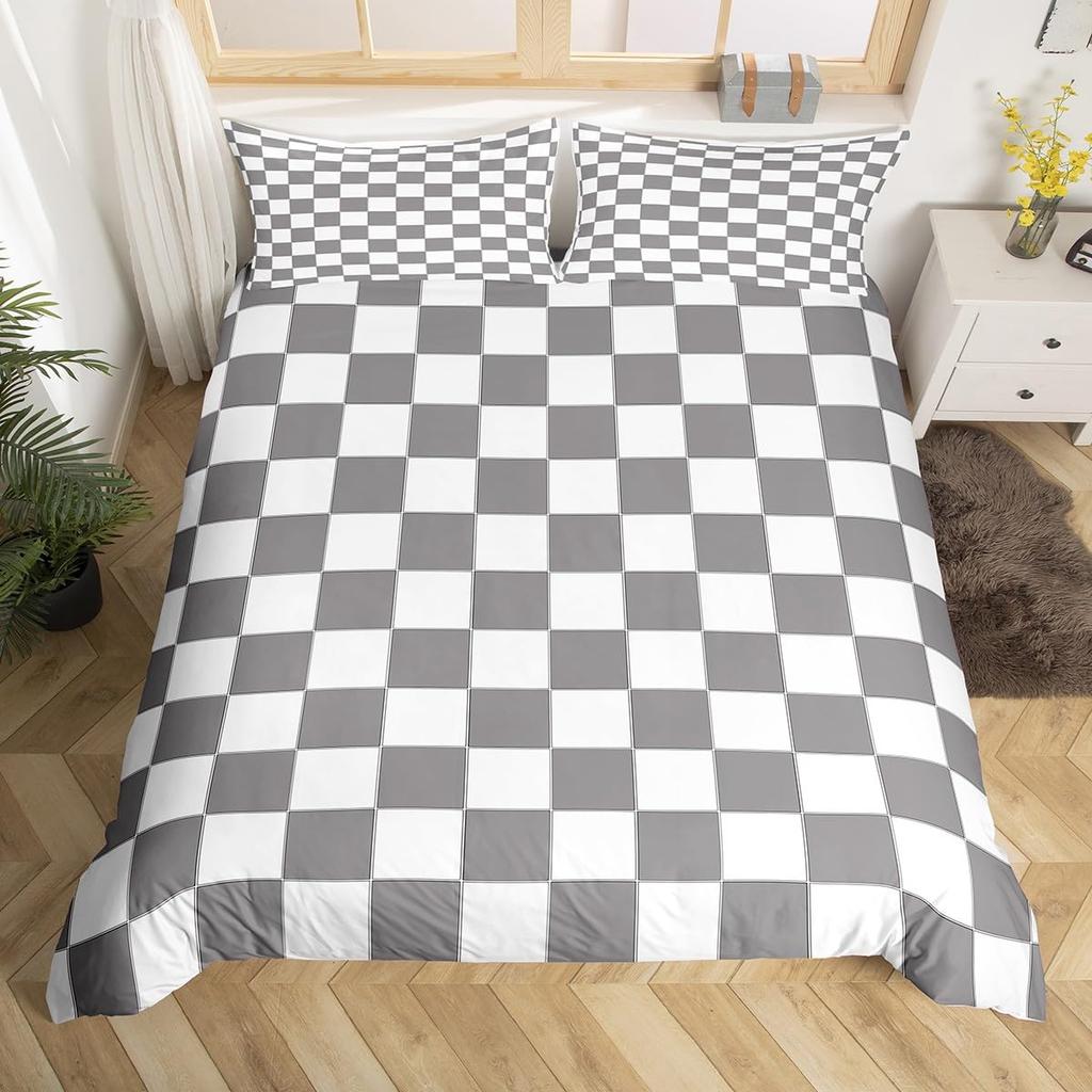 Geometric Plaid Duvet Cover Set Twin Queen Modern Aesthetic Checkerboard Comforter Cover Checkered Grid Bedding Set for Boys Men