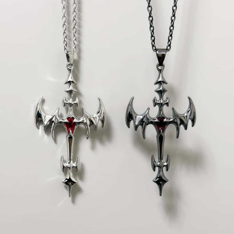Punk Gothic Flame Cross Necklace - Y2K Retro Aesthetic