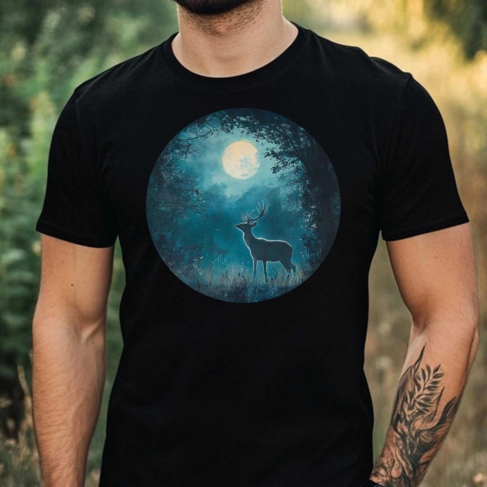 T-Shirt Herren Hirsch im Mondlicht Motiv Baumwolle Größe XS bis 5XL S