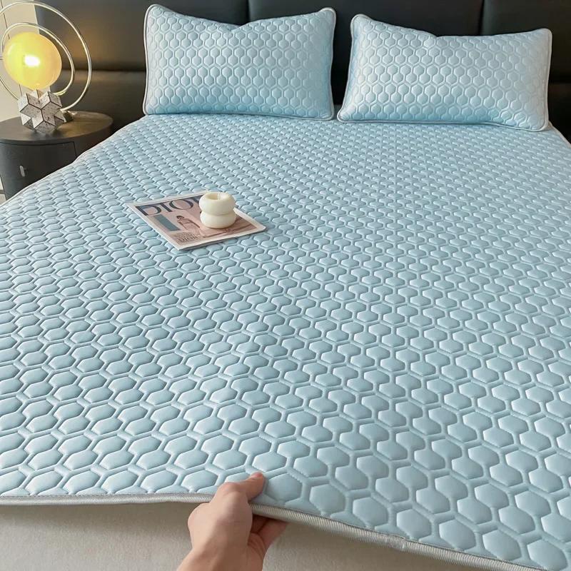 Soft Thicken 4mm Latex Filling Summer Bed Mat and Pillowcase Smooth Cool Feeling Bed Sheet Set Sleeping Cooling Mats Ice Silk