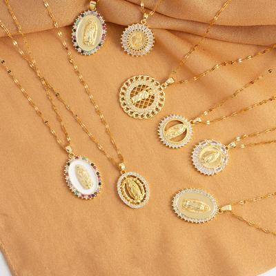 Oval Round Plaque Inlaid with Zircon Religious Pendant for Women's Party Stainless Steel Virgin Mary Jewelry Gift Necklace
