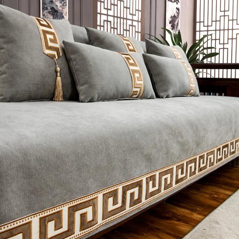 Chinese Style Chenille Sofa Cover Four Seasonal Universal Solid Wood Sofa Seat Cushion Joyful Anti Slip Red Chair Cushion Cover