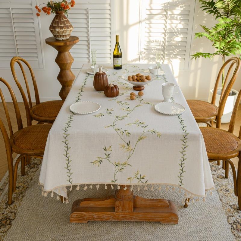Embroidery High-Grade Waterproof Cotton And Linen Fabric Dining Table Cloth Rectangular Fringe Simple Tablecloth