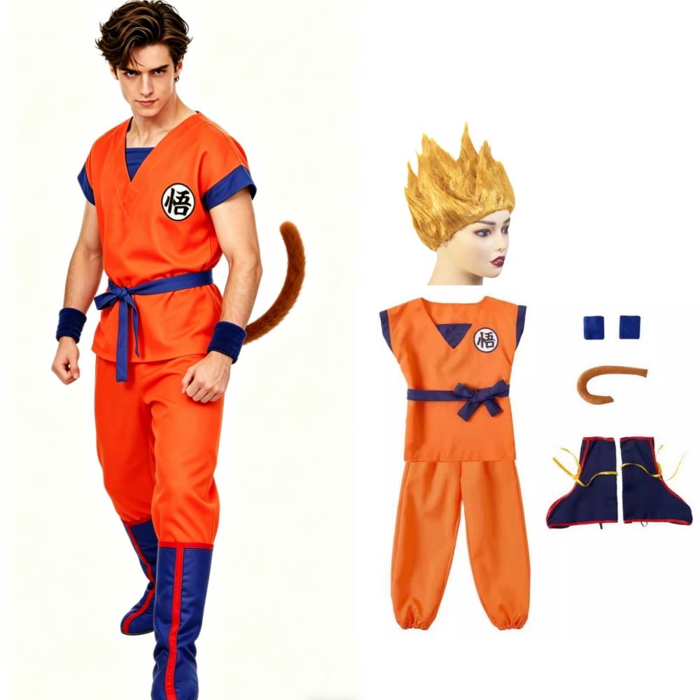 Halloween Adult Son Goku Cosplay Costume Suit Anime Men Woman Krillin Training Clothes Superheroes Saiyan Jumpsuit Role Play Wig