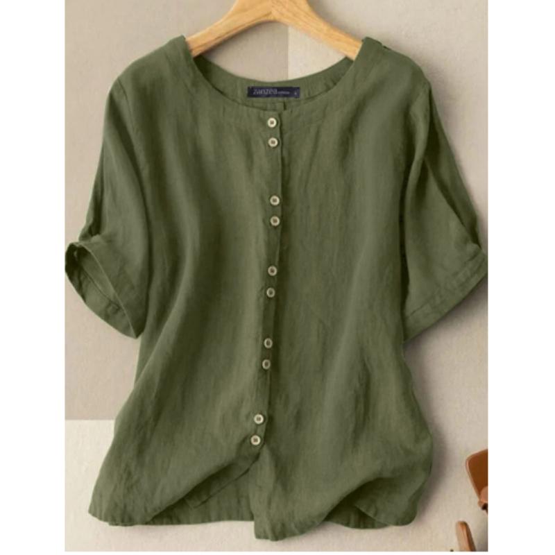 Summer Casual Loose Tunic Tops Women Vintage OL Shirt O Neck Short Sleeve Blouse Solid Cotton Blusas Buttons Down Chemise