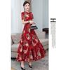 Women Cheongsam Dress Hollowed Stand-up Collar Short Sleeve High Waist Retro Ethnic Printing Skirt