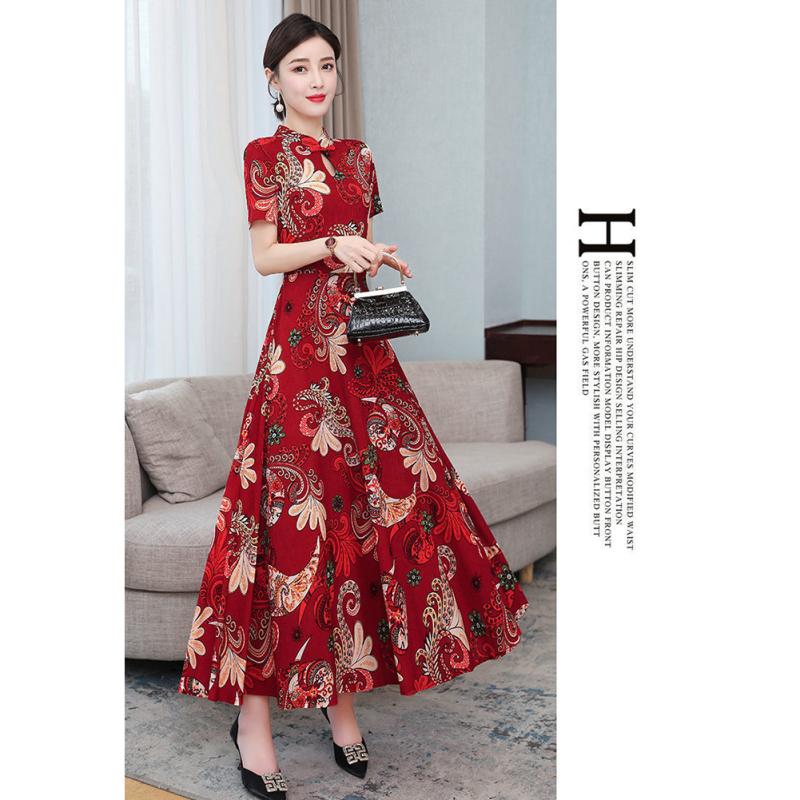 Women Cheongsam Dress Hollowed Stand-up Collar Short Sleeve High Waist Retro Ethnic Printing Skirt