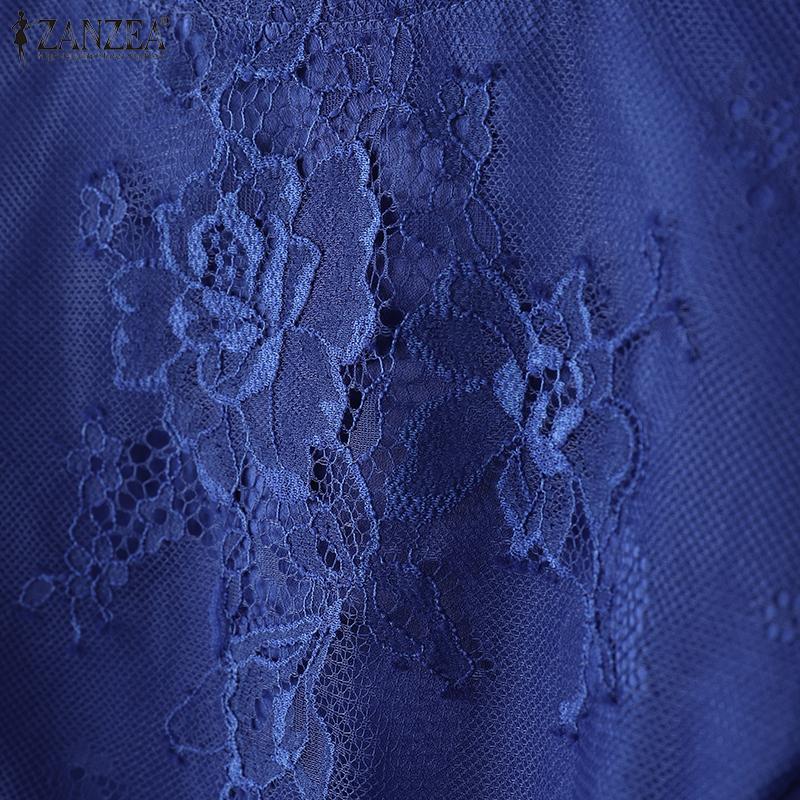 ZANZEA Kobiety Casual Koronkowa Rękaw 3/4 Letnia Sukienka Ołówkowa Patchworkowa