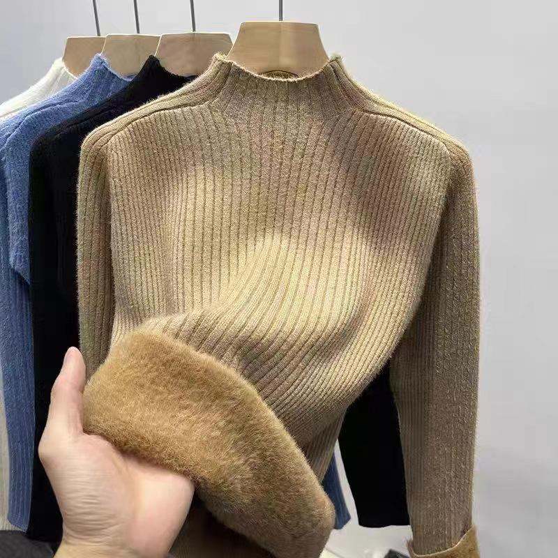 Women's Velvet-Lined Slimming Sweater - Half-High Neck, Autumn/Winter 2023 Collection, Warm Knit Base Layer