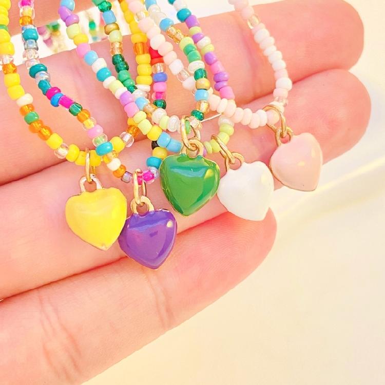 Heart Pendant Beaded Necklace Bohemian Style Chokers Contrast Colored Jewelry