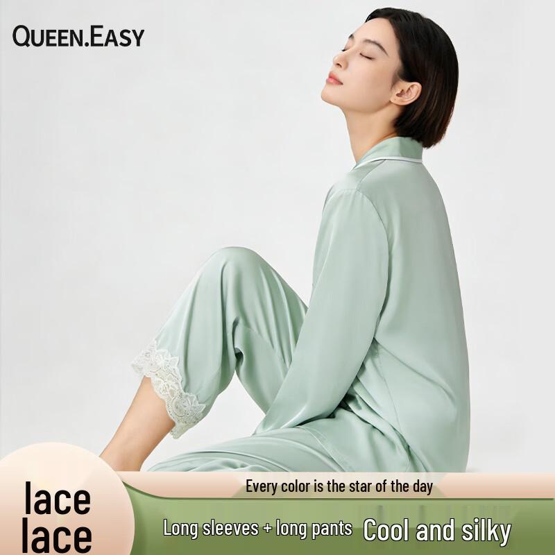 QUEEN.EASY Women s Ice Silk Lace Pajama Set M