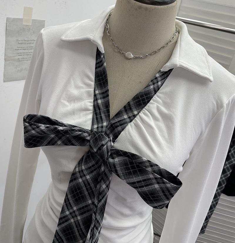 Spicy Girl V-Neck Bow Tie Lace-Up Long Sleeve Slim Pleated Top