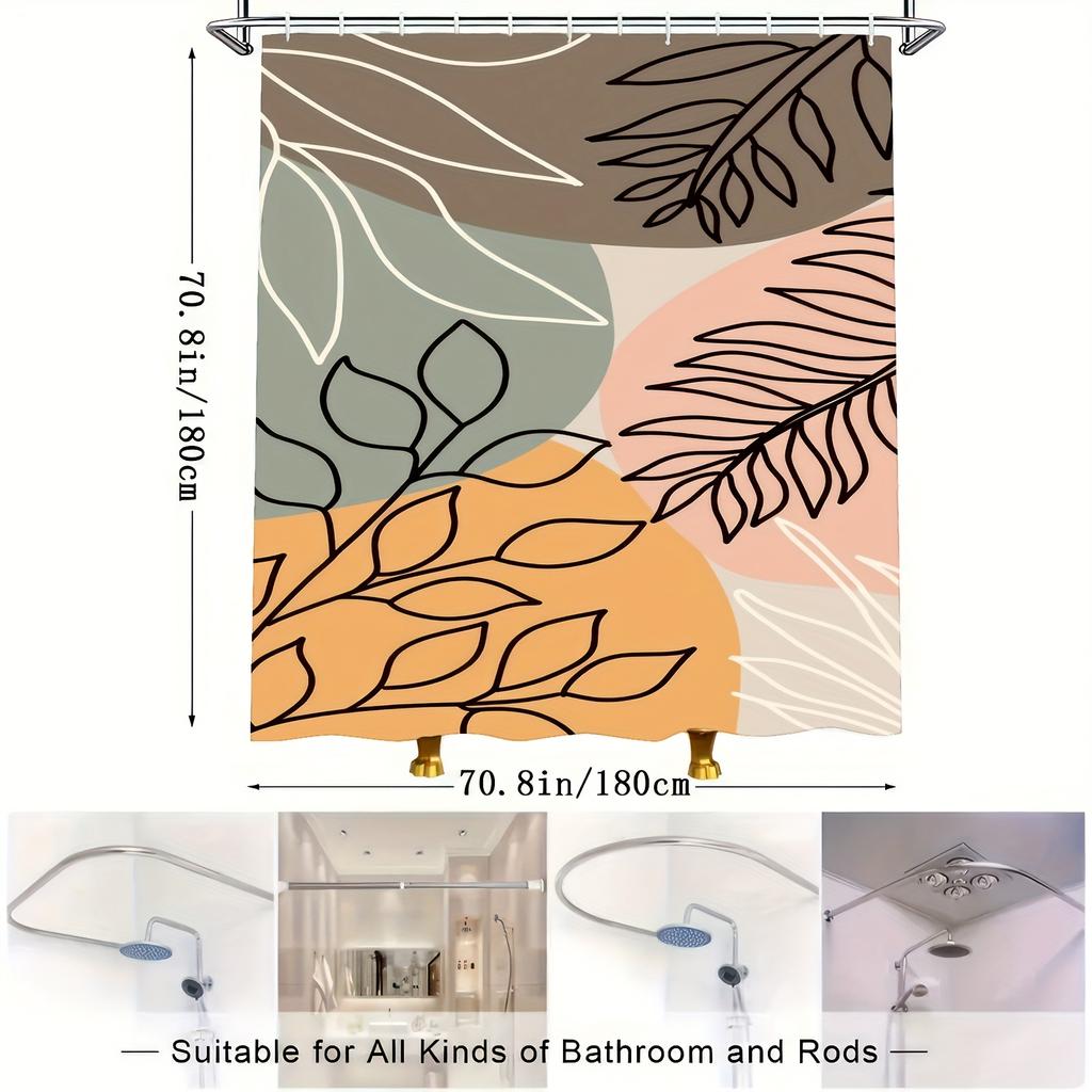 1 Modern Leaf Pattern Shower Curtain - Polyester, Machine Washable, With Colorful Leaves, Hook Included, Polyester Fabric