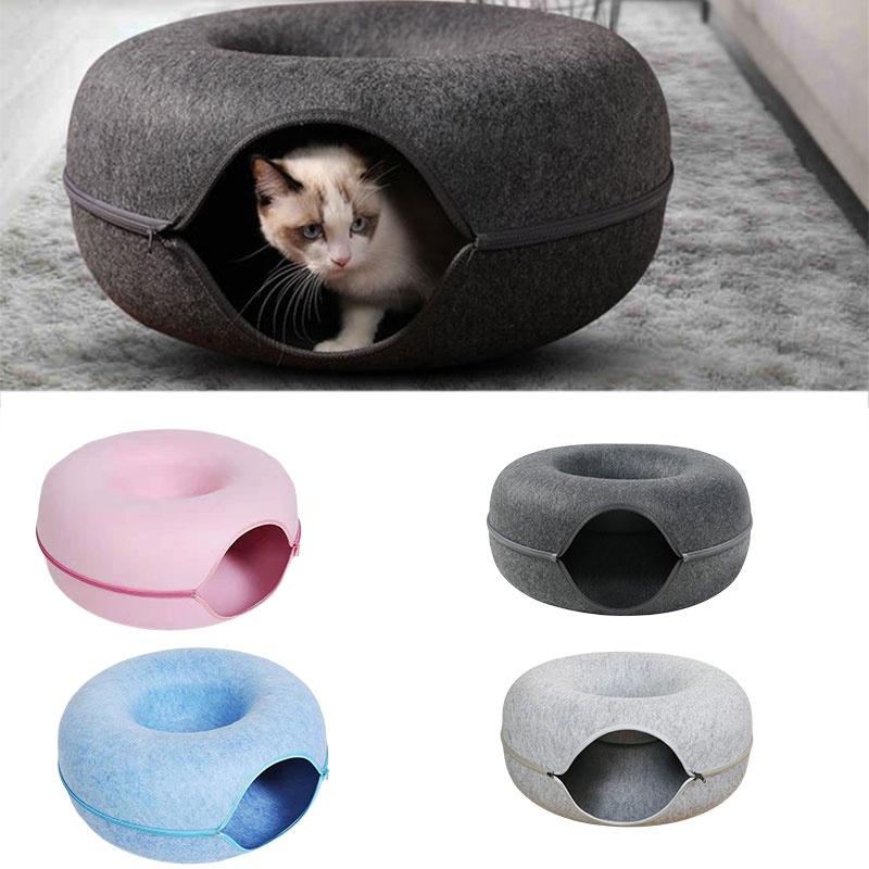 Bed Tunnel Cat Felt Pet Puppy Nest Cave House Round Donut Interactive Toy Play